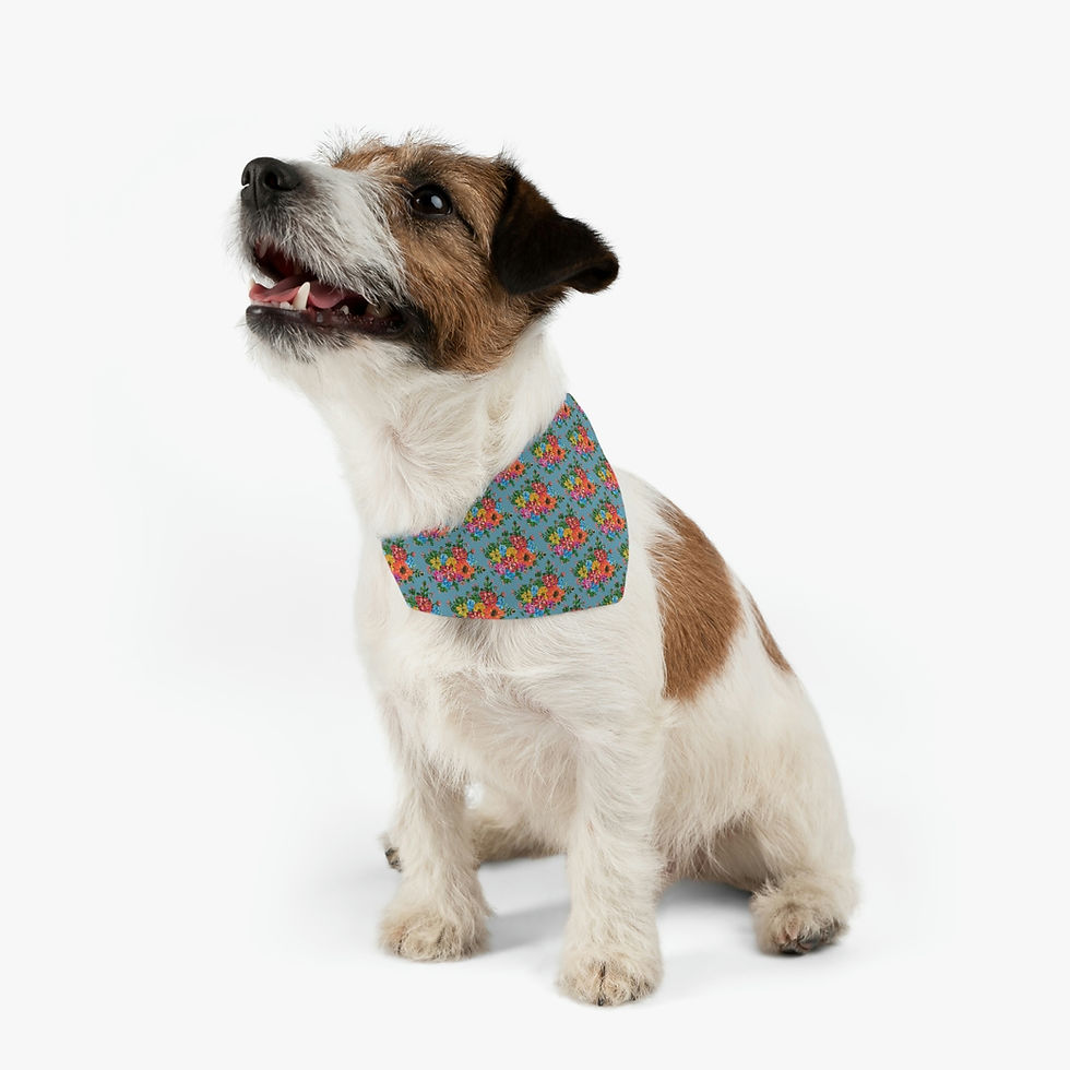 Thumbnail: New England Blue Floral Pet Bandana Collar on a small Terrier dog