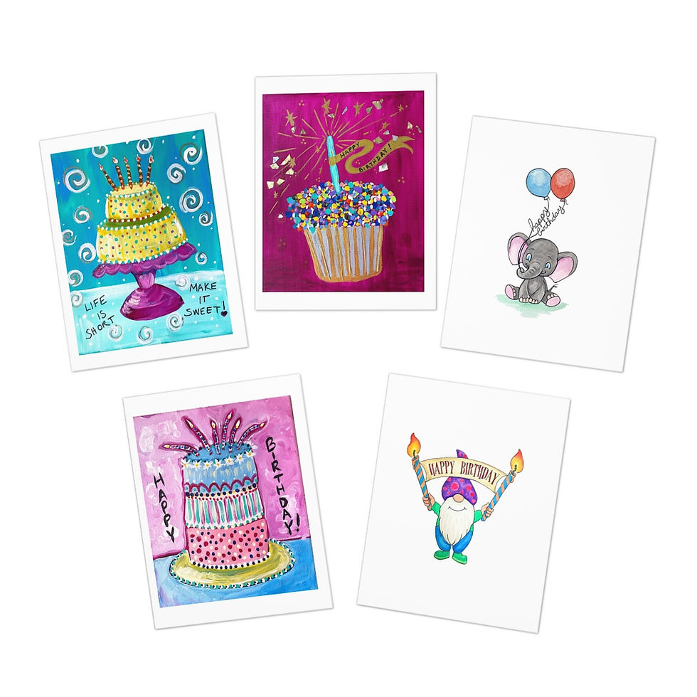 Happy Birthday Greeting Cards front view of five cards