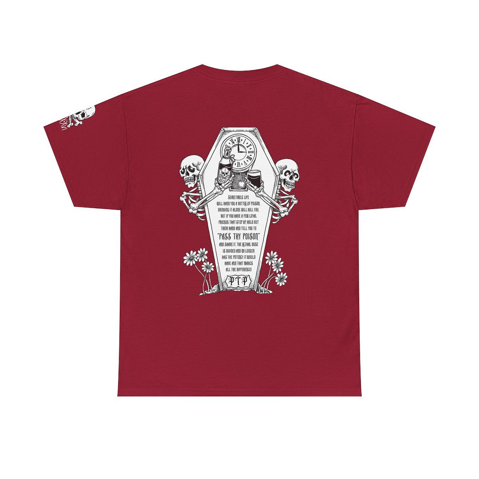 Thumbnail: Pass Thy Poison Coffin T-Shirt back view in crimson red