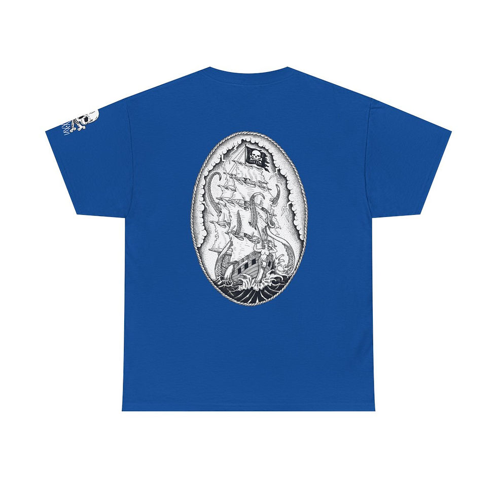 Thumbnail: Pass Thy Poison Kraken T-shirt back view shown in Royal blue
