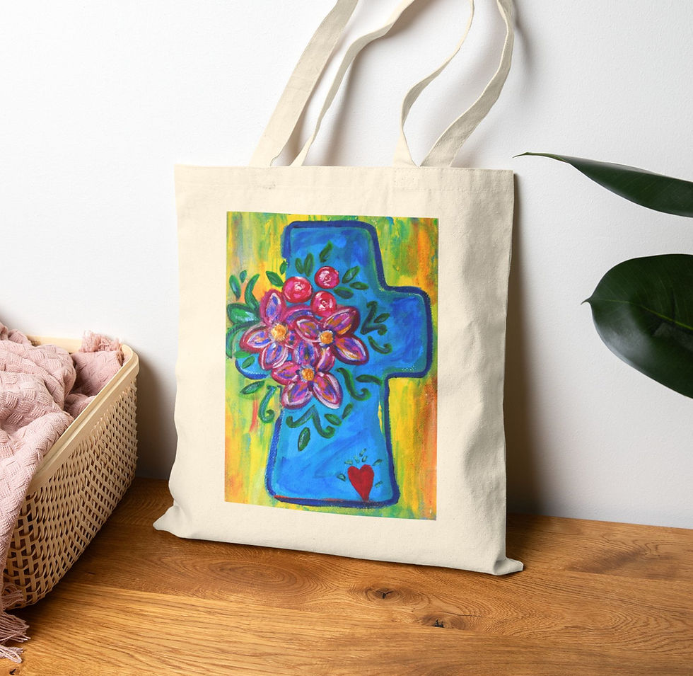 Thumbnail: Blue Cross Heart Tote Bag Tote Bag shown propped up in a home environment
