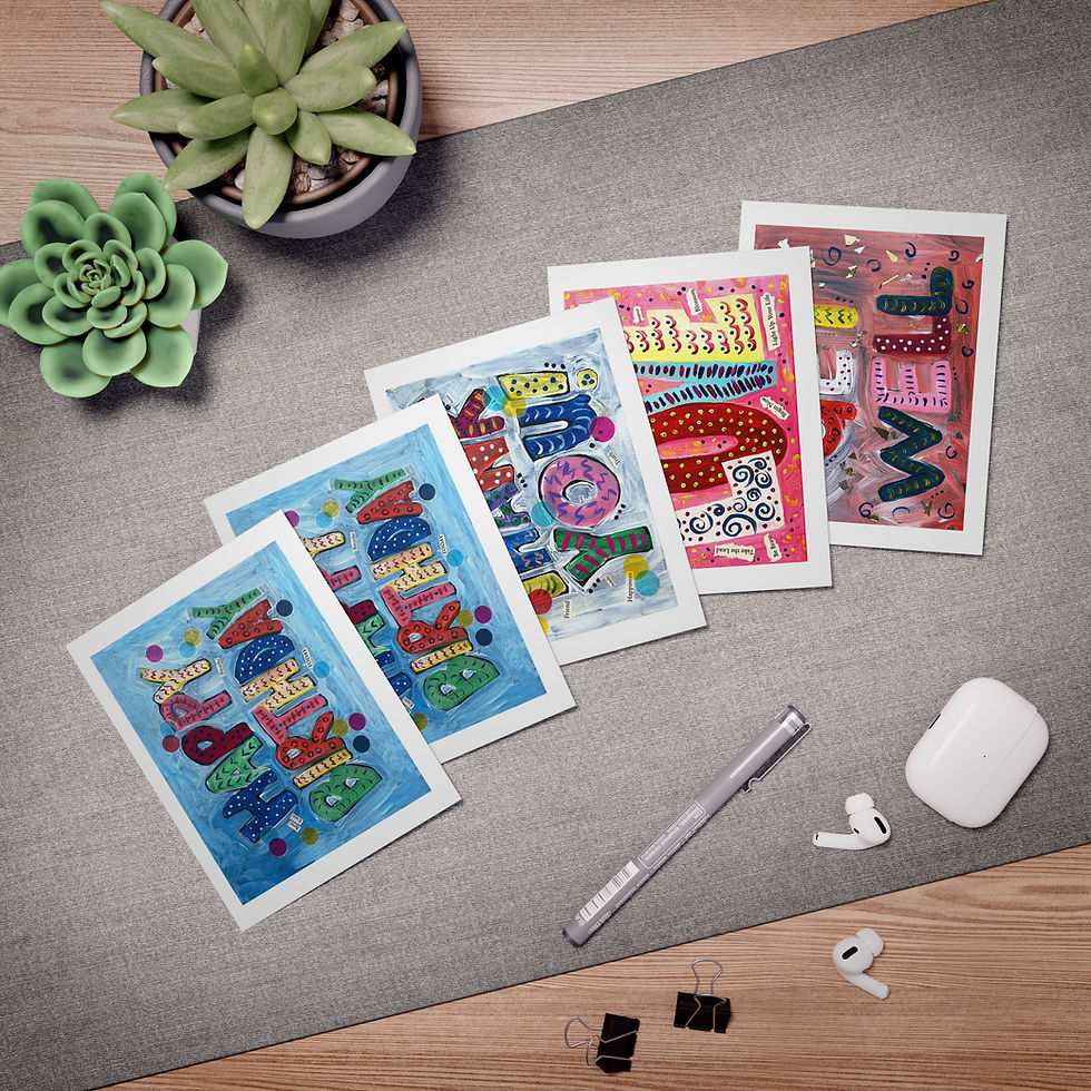 Big Words Greeting Card Assortment view of all five cards on a desk