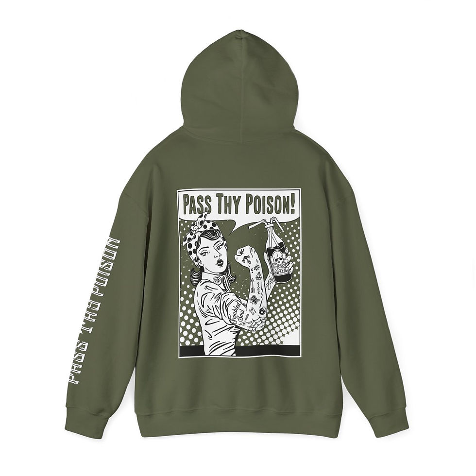 Thumbnail: PTP Tattooed Rosie the Riveter Color Hoodie back view shown in military green