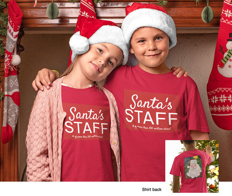 Thumbnail: Santa's Staff Youth T-Shirts on two cute kids dressed for Christmas