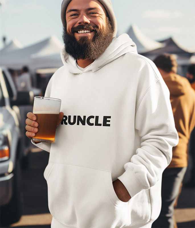Druncle Hoodie on a drunk uncle holding a beer at a tailgate party