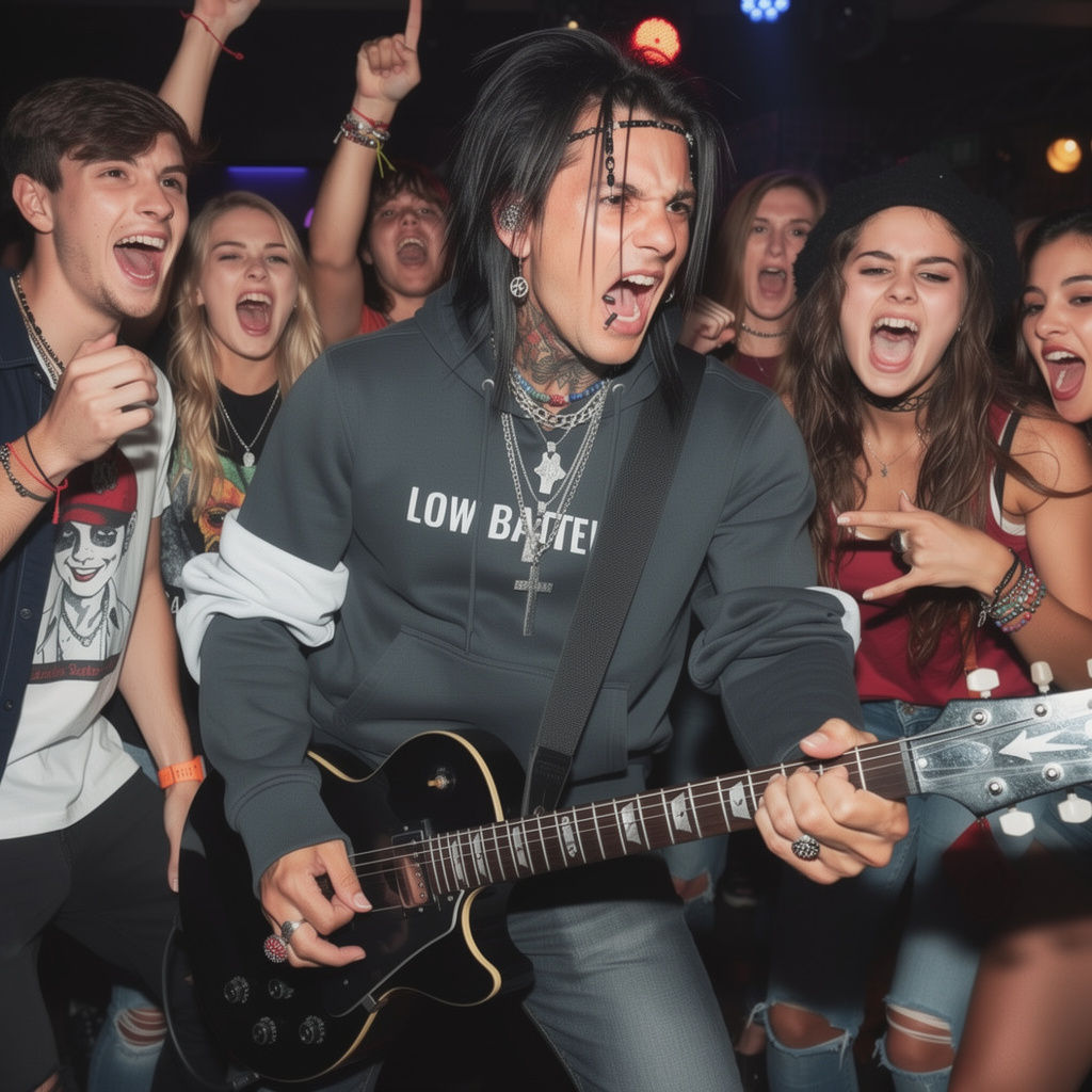 Low Battery Vintage Wash Hoodie on a high energy rock star playing the guitar at a rock concert