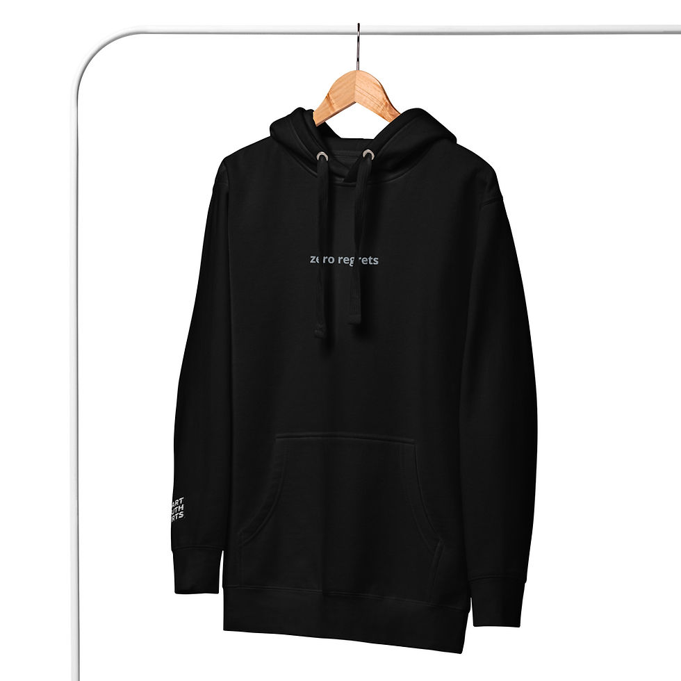 Thumbnail: Zero Regrets Hoodie shown on a hanger