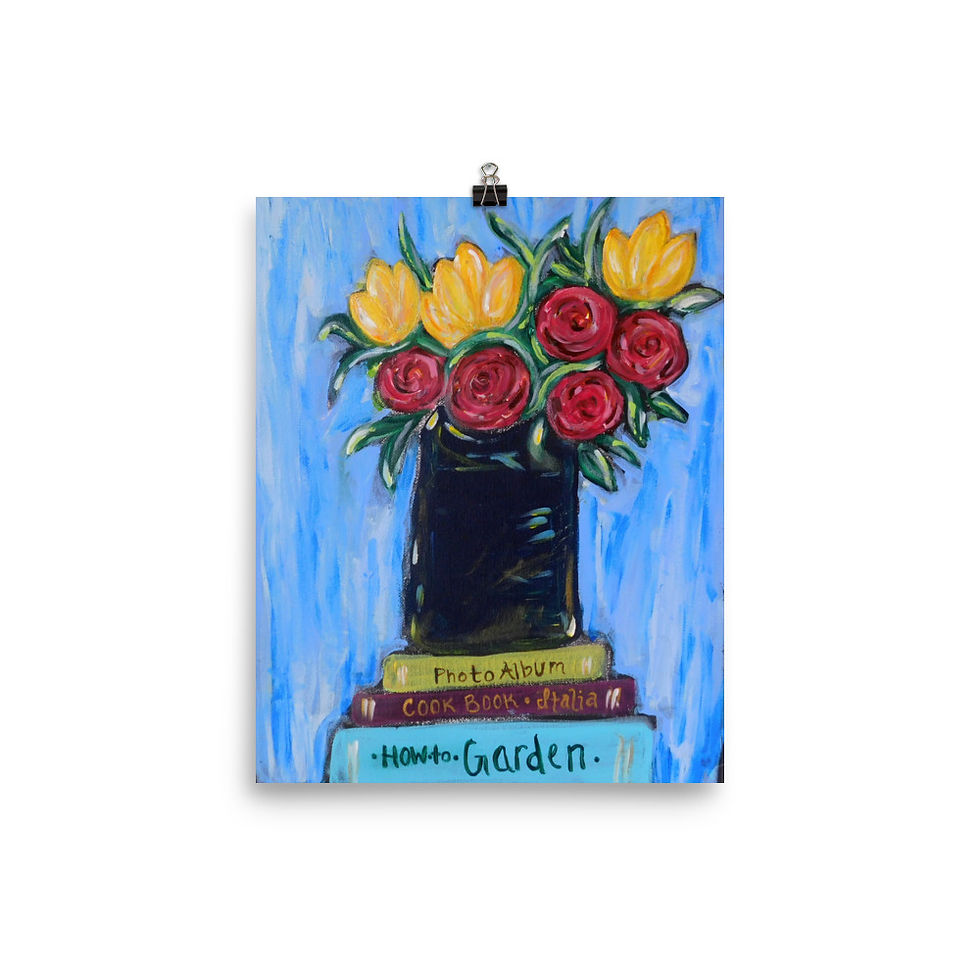 Thumbnail: Roses & Tulips on Books Print - Unframed