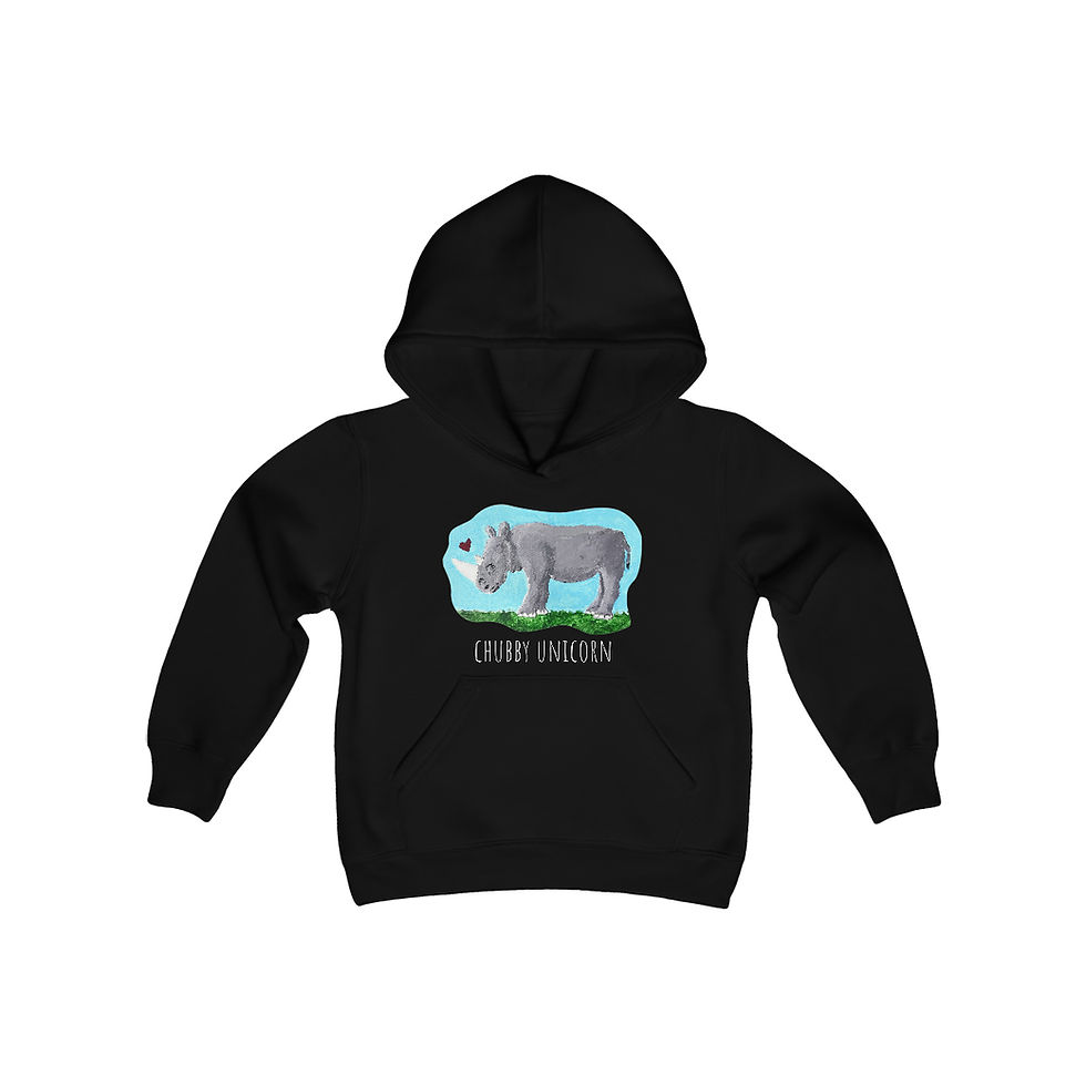 Thumbnail: Chubby Unicorn Rhinoceros Youth Hoodie front view shown in black