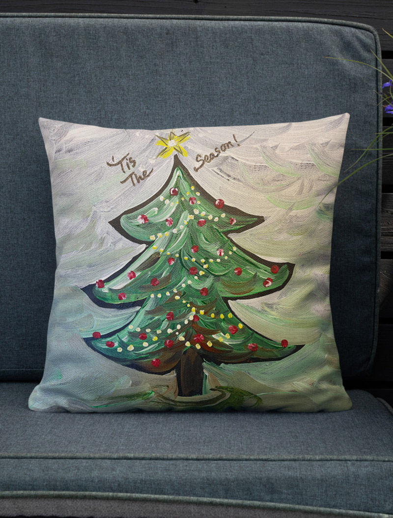 Thumbnail: 'Tis the Season Christmas Tree Pillow on a Navy blue couch