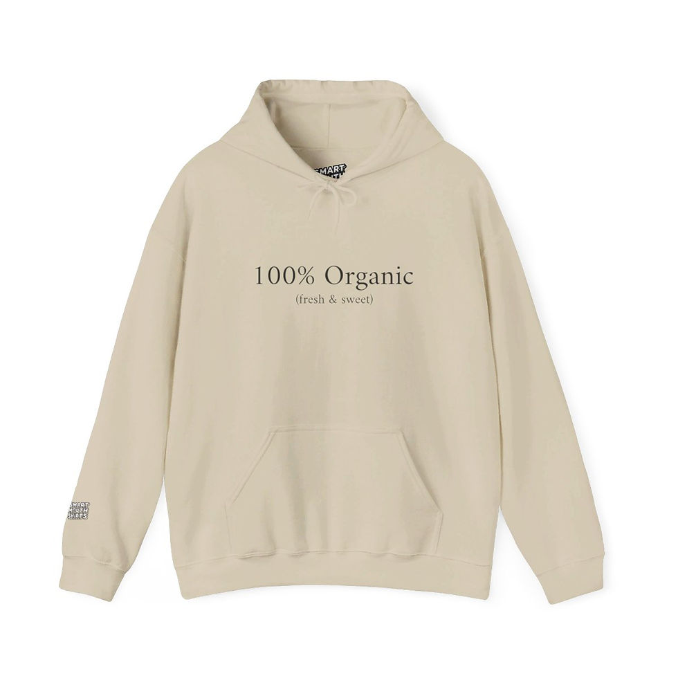 100% Organic Fresh & Sweet Hoodie front view shown in tan