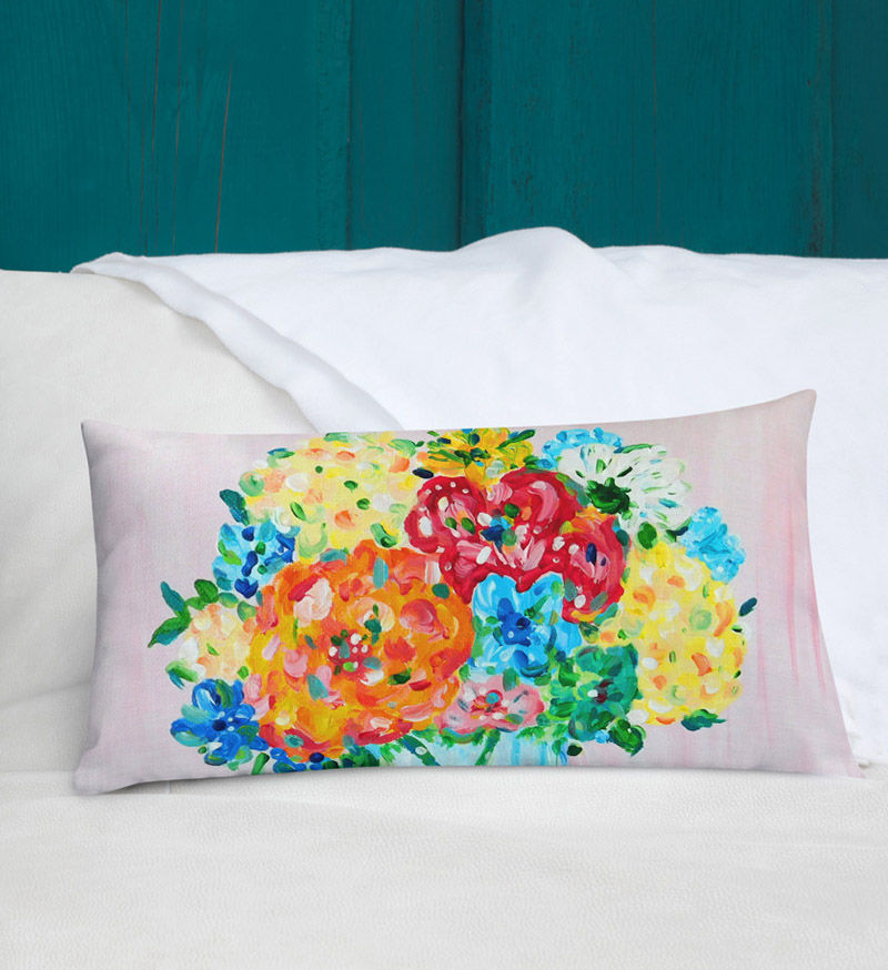 Thumbnail: Peony in Pink Lumbar Pillow shown on a bed