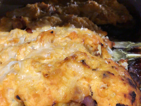 Alternative typical Greek papoutsakia stuffed with chickpeas and sweet potato béchamel