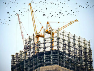 Construction site with cranes and skyline of a building in development.