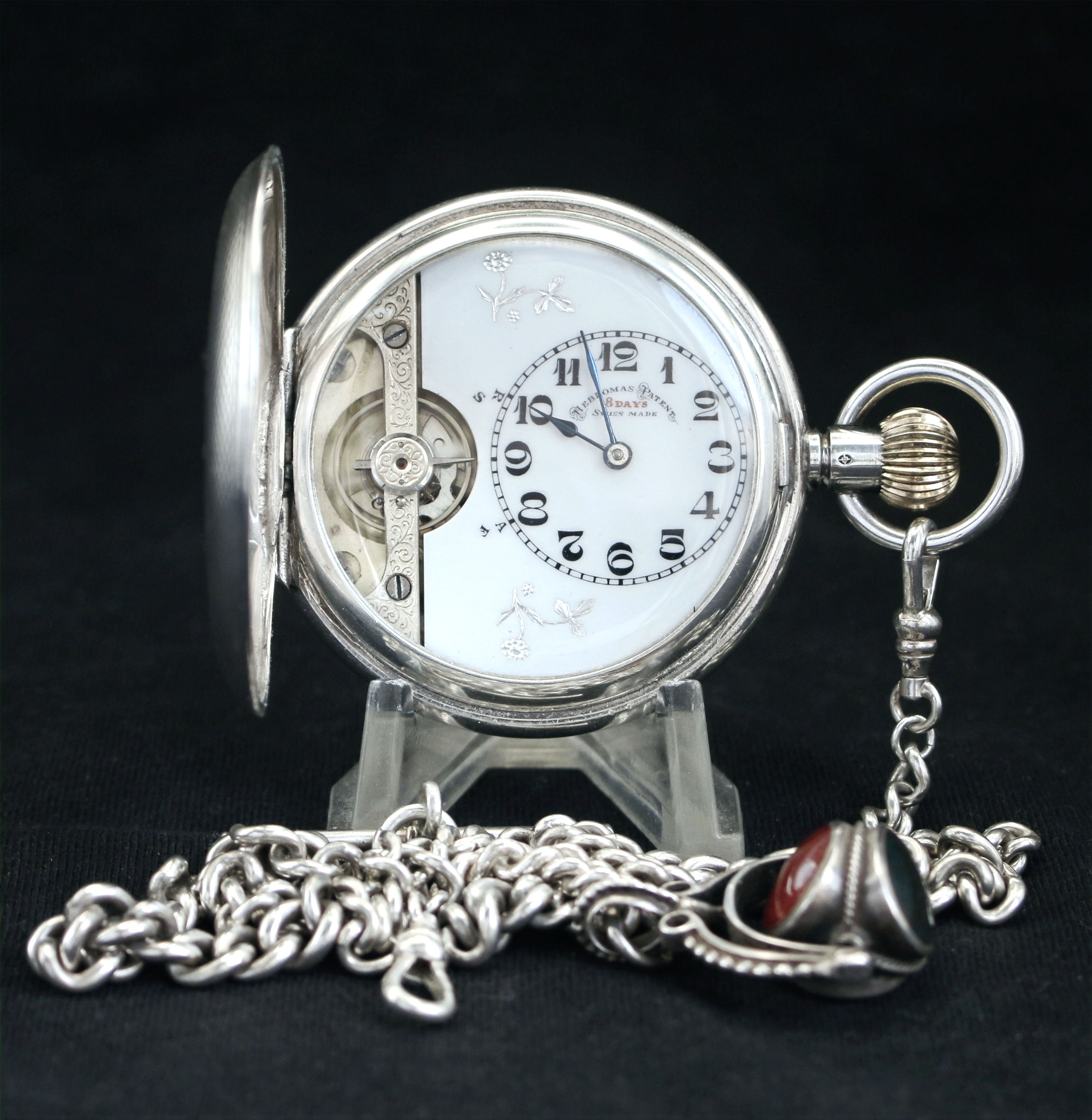 Hebdomas 8 Day Silver Full Hunter Pocket Watch + Double Albert Chain + Case