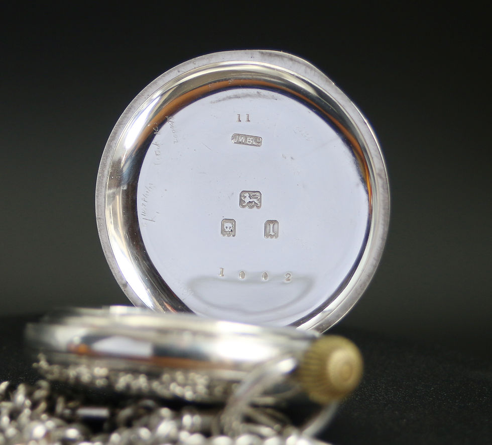 Miniatura: J.W. Benson Sterling Silver Half Hunter Pocket Watch with case and chain