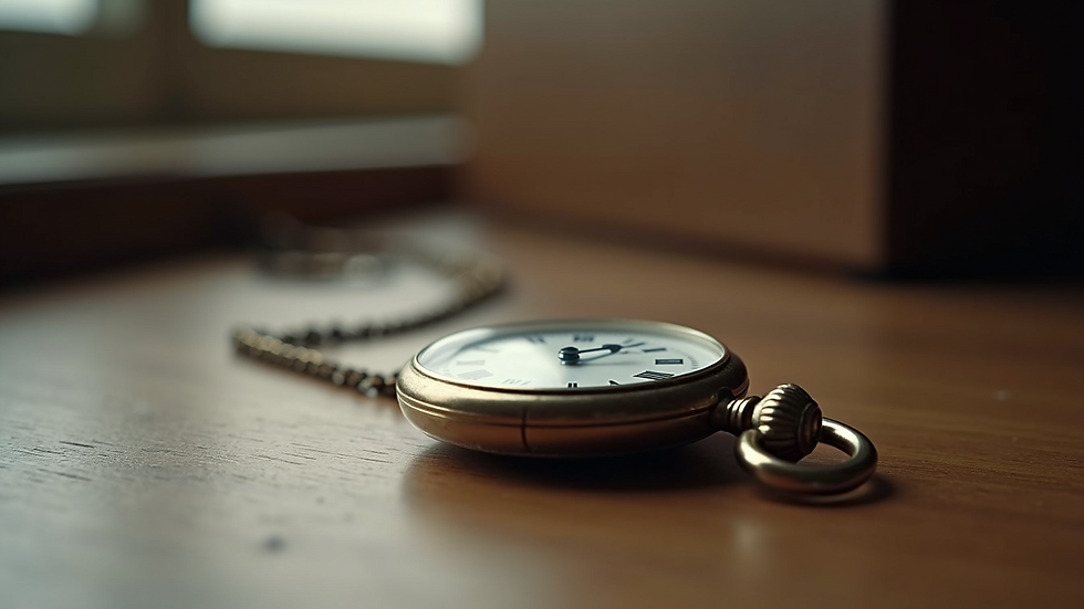 Eye-level view of a vintage pocket watch displayed on a wooden surface