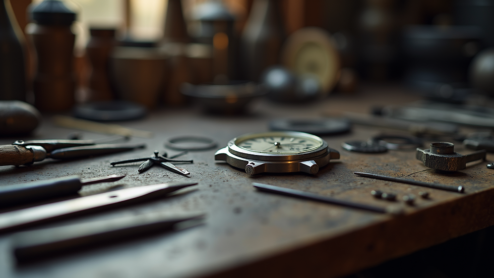 Eye-level view of watchmaker’s tools arranged on a workbench