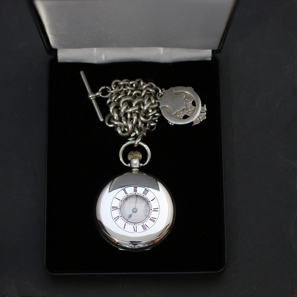 Miniatura: Waltham 17 Jewel Sterling Silver Half Hunter Pocket Watch + Chain + Case