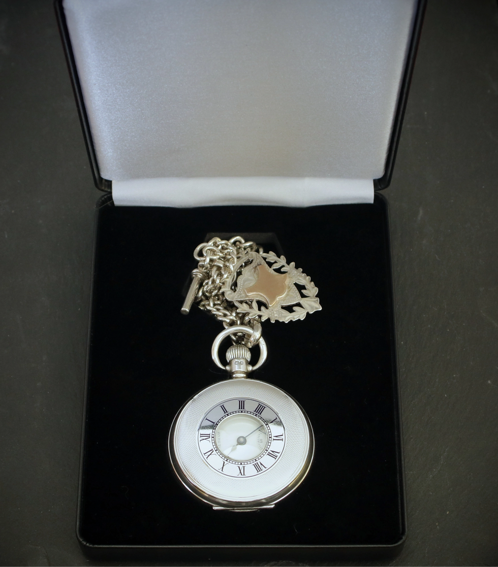 Thumbnail: Waltham 17 Jewel Sterling Silver Half Hunter Pocket Watch + Chain + Case