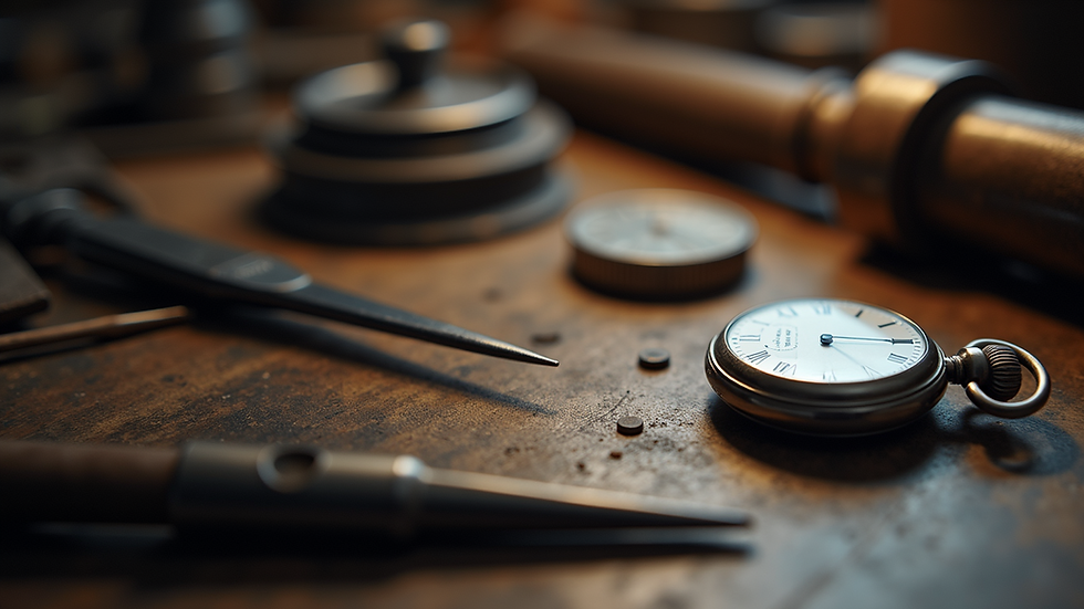 Eye-level view of a watchmaker's workbench with tools and a pocket watch