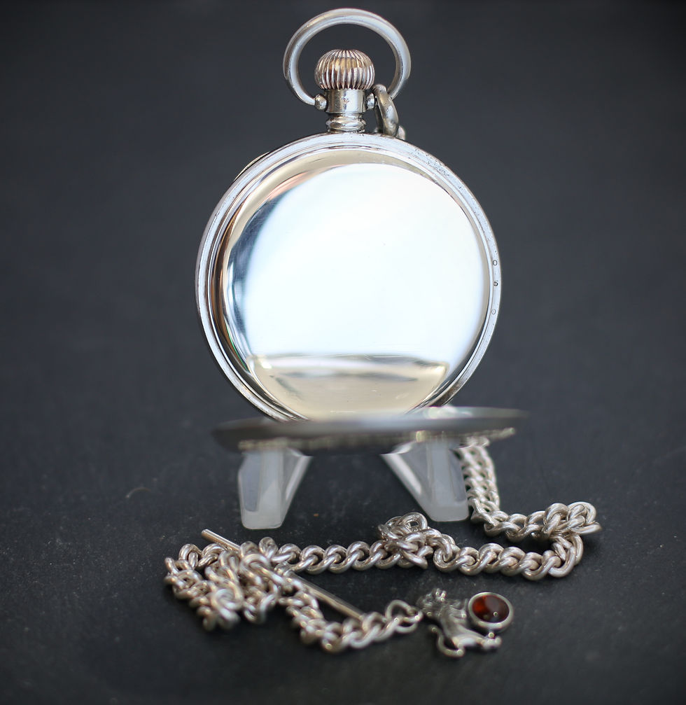 Thumbnail: Antique Waltham 15J Sterling Silver Open Face Pocket Watch + Chain