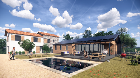 Maison cévenole traditionnelle avec une extension contemporaine en bois et en verre. La structure d'origine en pierre, typique de la région, est harmonieusement complétée par une aile moderne aux lignes épurées. La terrasse en bois est équipée d'un mobilier extérieur confortable, donnant sur une piscine naturelle ornée de nénuphars. La combinaison de matériaux modernes comme le verre et le bois, avec les éléments traditionnels en pierre, crée un ensemble élégant et chaleureux, tout en intégrant l'architecture dans son environnement naturel.