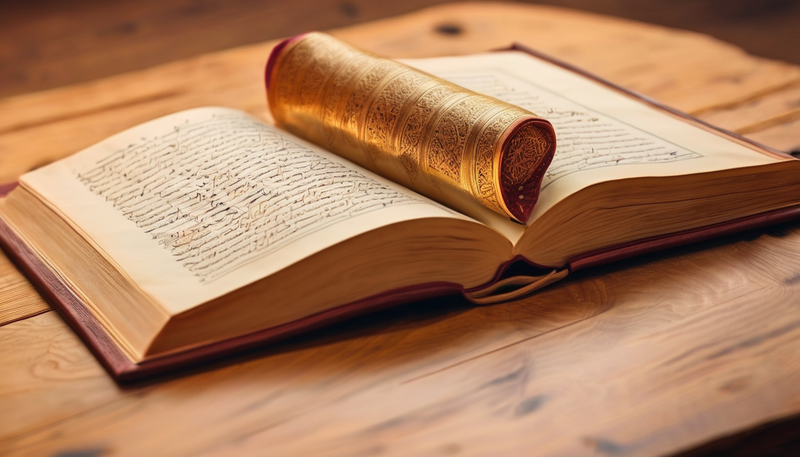Open book with scroll, Quranic Arabic: Understanding the Divine Text on wood table.