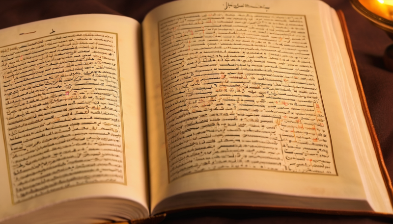 Open book with handwritten text, Intermediate Tajweed and Quran Recitation. Detailed classical script.