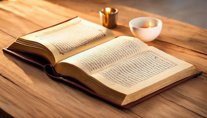 Open Quran book with candle, Foundations of Quranic Studies for Beginners, on wooden table.