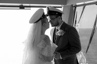 wedding couple black and white photography at sea