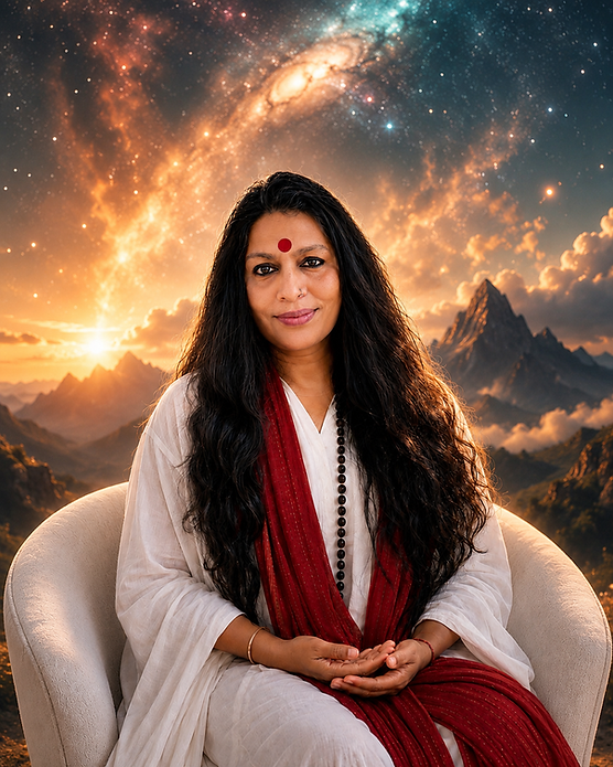 Acharya shunya smiling with white dress and red scarf with galaxy background