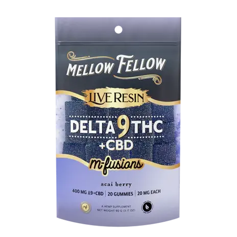 Mellow Fellow Live Resin Delta-9 + CBD Gummies in a 20-count pack, featuring vibrant flavors like Acai Berry, Mamey Mango Coconut, and Rambutan Kaffir Lime Kumquat, with 400mg total cannabinoids for a balanced THC-CBD experience.