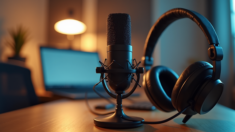 Eye-level view of a podcast microphone and headphones on a desk