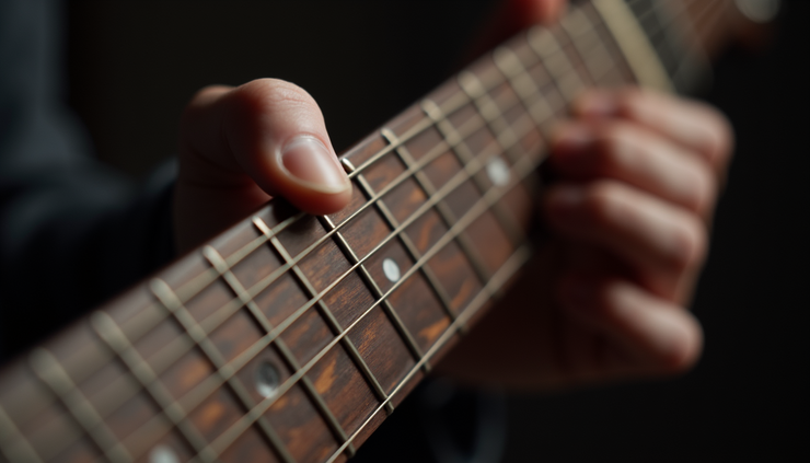 Close-up view of guitar fretboard showing A minor chord finger placement