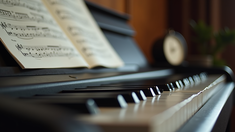 Close-up view of a keyboard with sheet music and a metronome