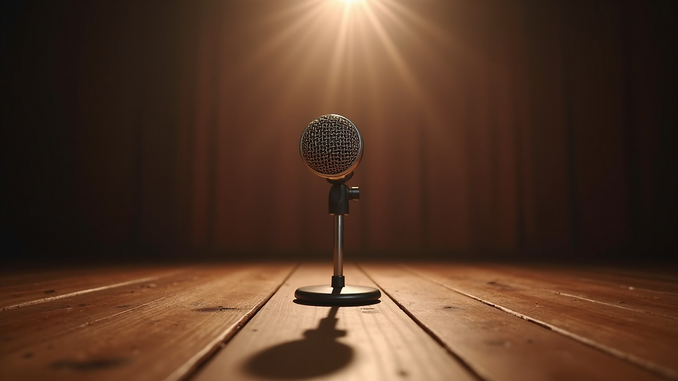 Eye-level view of a vintage microphone on a wooden stage