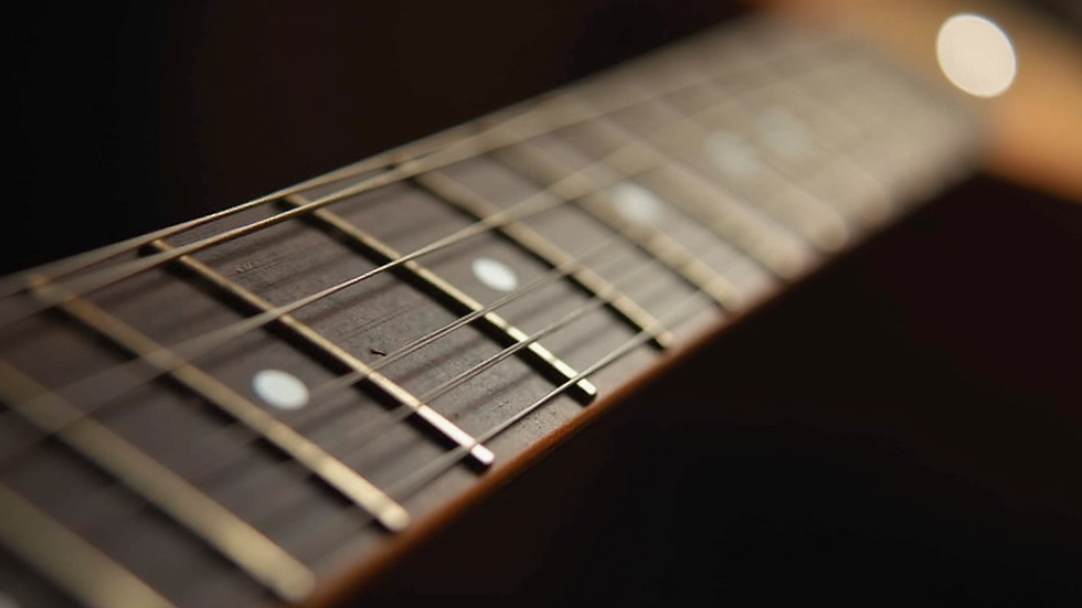 Close-up view of guitar fretboard showing Bm chord
