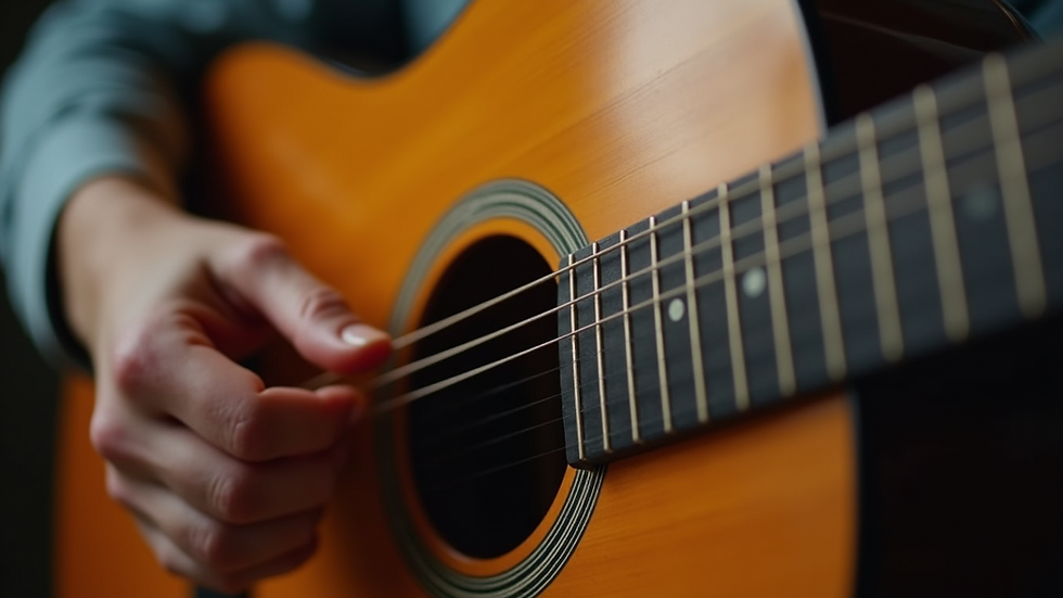 Eye-level view of acoustic guitar with fingerpicking hand position