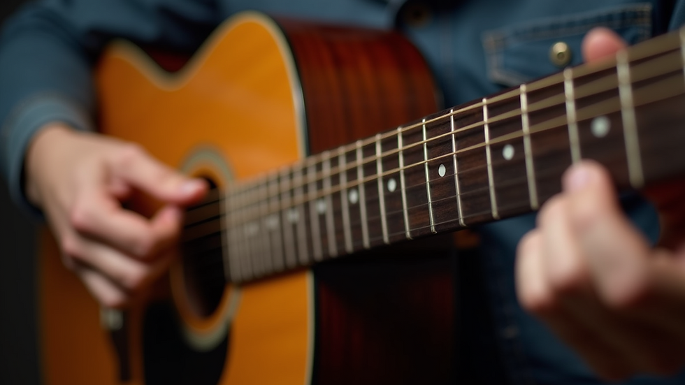 Eye-level view of acoustic guitar with fingers forming a G major chord