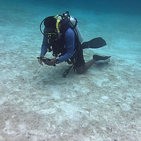 Scuba diver kneeling on the sandy seabed adjusting camera gear, surrounded by soft blue light.