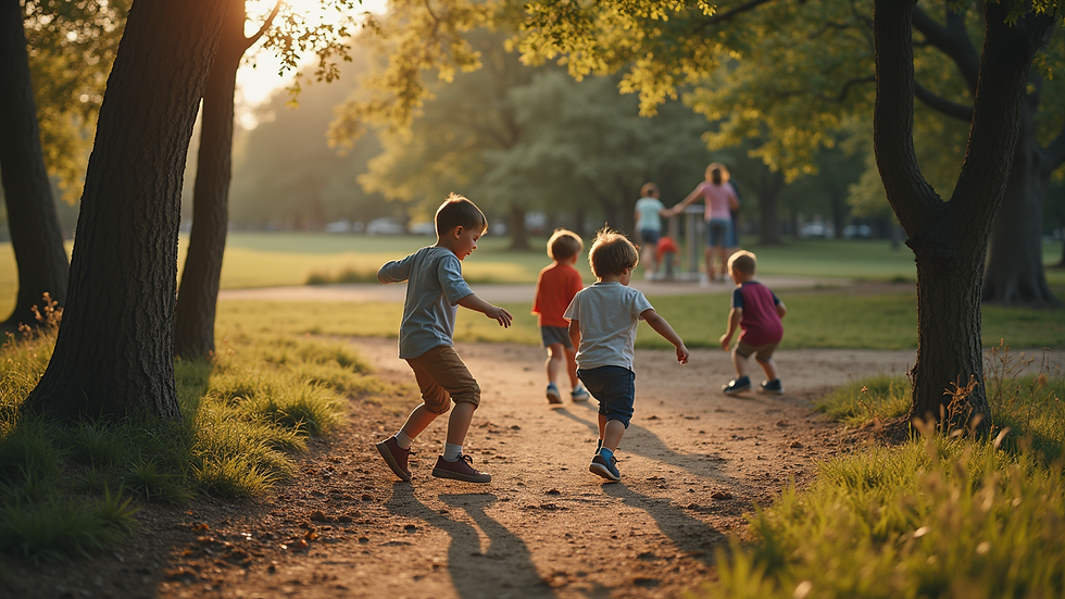 High angle view of children playing in a natural playground surrounded by trees