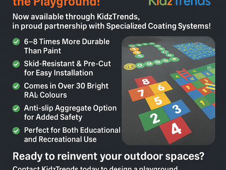 Promotional graphic showcasing PLASTIFORM® PLAY playground markings, featuring colorful hopscotch, educational trails, and fitness designs, now professionally installed by KidzTrends in partnership with Specialized Coating Systems." Let me know if you’d like a shorter version for social platforms or a variation tailored for accessibility