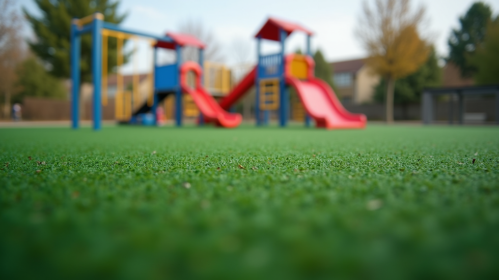 Eye-level view of a playground with synthetic turf