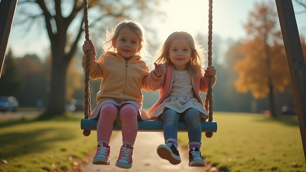 Eye-level view of children playing together on adaptive swings