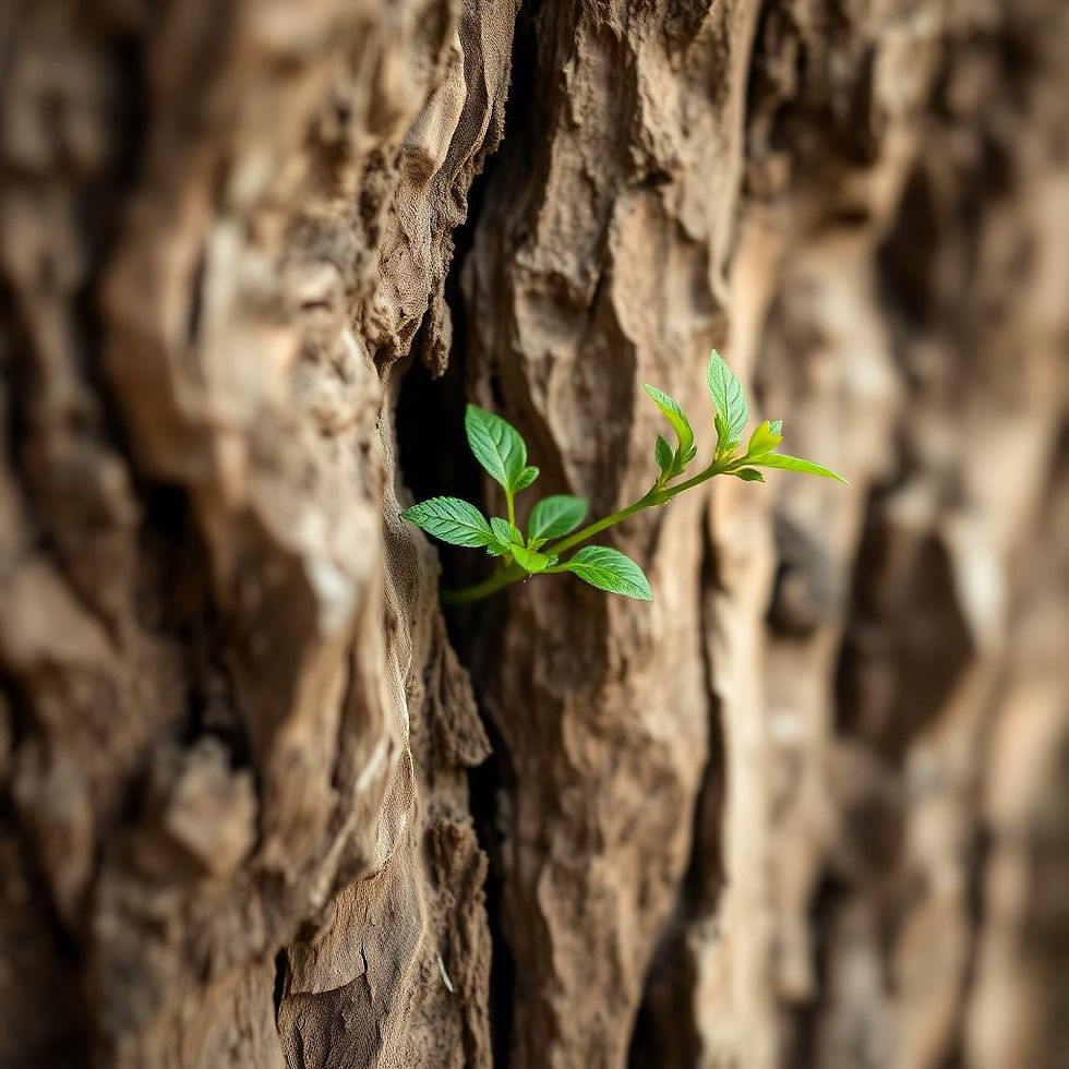 ענף ירוק וחדש צומח מתוך גזע עץ עתיק, כסמל של זיכרון מרפא המתמקד ביש ומחזק את המשפחה לאחר אובדן.