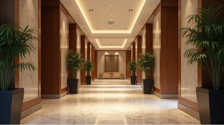 Symmetrical luxury hotel corridor featuring marble floors, warm recessed ceiling lighting, and tall indoor palm plants in black planters, conveying a sense of modern elegance.