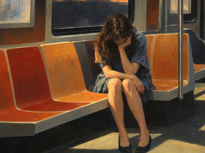 L'immagine rappresenta una donna pensierosa e sola, immersa nella sua fragile solitudine in metropolitana