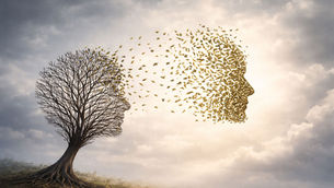 Profilo umano che si dissolve in foglie di fronte a un albero radicato, simbolo della società dell’angoscia descritta da Byung-Chul Han