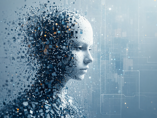 Volto artificiale in profilo composto da frammenti digitali, immagine simbolica dell’intelligenza artificiale e dell’identità digitale.